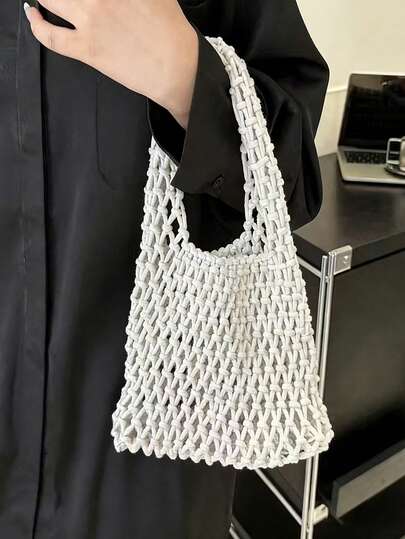 涤纶钩编网眼底多色纯色编织手提包，单肩提手，轻便便携休闲度假可爱时尚沙滩包，适合女性、初学者和上班族。