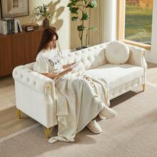 7 Seat Chesterfield Sofa With Two Pillows, Retro Style Upholstered 1+3+3 Seats Velvet Couch With Rolled Arm For Living Room Bedroom Office - Beige - View 6