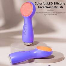 Facial Cleansing Brush Electric, Silicone Heated Face Scrubber With 7 LED Lights, Rechargeable Vibration Exfoliating Cleanser For Deep Cleaning & Gentle Massage, Skin Care Tool, Ideal Gift (Brown) - Purple - View 8