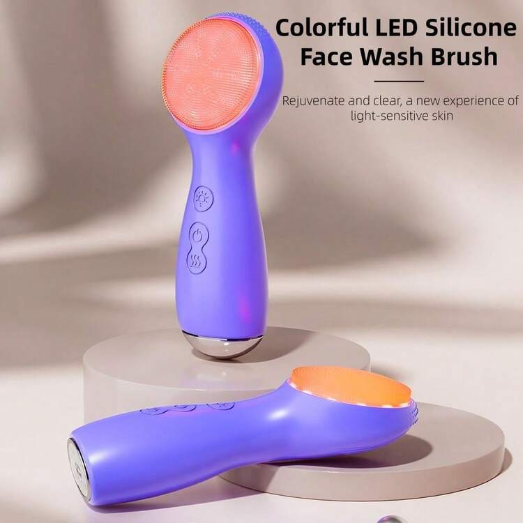 Facial Cleansing Brush Electric, Silicone Heated Face Scrubber With 7 LED Lights, Rechargeable Vibration Exfoliating Cleanser For Deep Cleaning & Gentle Massage, Skin Care Tool, Ideal Gift (Brown) - 紫色 - 查看 8