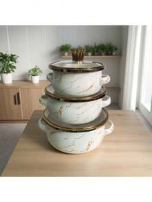 3pcs Enamel Coated Cookware Set: Milk Pot With Dual Handles, Enamel Bowl, Mini Pot, Soup Pot, Ramen Bowl, Small Hot Pot, Thick Enamel Pot, Mini Saucepan With Dual Handles For Induction Cooktop & Gas Stove, Lard Jar, Milk Pot With Lid, Dual-Use - Multi-color Gold-rimmed Enamel Pot - View 5