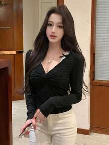 Black Off Shoulder Bowknot Camisole, Unique Design, Slim Fit, Sexy Style, Layering Top For Spring & Autumn - Black - View 3
