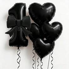 6 pièces Ensemble de ballons noirs en forme de numéros et de cœurs, comprenant des ballons de 0 à 9 avec décoration de nœud et ballons en forme de cœur assortis - Convient pour la décoration de fête d'anniversaire, mariage, anniversaire, Saint-Valentin - Fournitures de fête noires convenant pour un baptême, une fête d'anniversaire 1er/2e/3e/4e/5e/6e, ballons numérotés - Noir - Voir 5