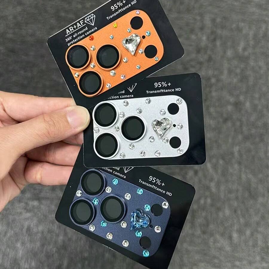 时尚闪亮3D立体心形钻石镜头保护膜，兼容 17 Pro Max/17 Pro，防刮镜头保护膜，奢华闪亮彩色水晶透明相机镜头盖，适用于日常、办公室、家庭使用，闪亮水晶防水防震防摔防刮。
