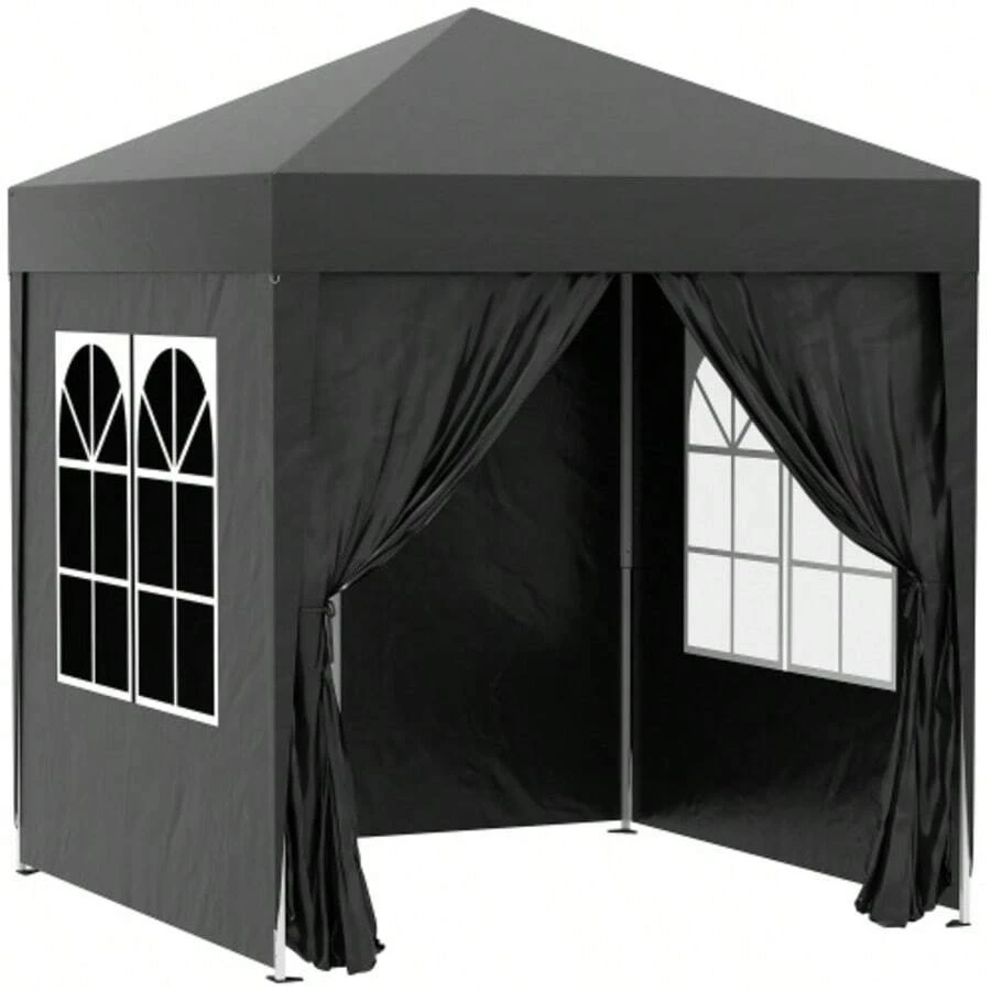 Folding Gazebo 2x2m With 4 Side Panels And Windows, UV Protection, Garden Tent With Carry Bag, Black Oxford Steel - Black - View 1