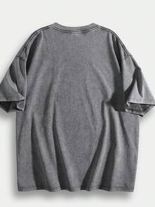 Women's Loose-Fitting Cotton Summer T-Shirt, Dark Sleeve Graphic With Retro Japanese Lettering, Lightweight Men's T-Shirt For Urban Outings And Meetings - 灰色 - 查看 2