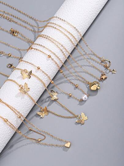 5個セット ラインストーン蝶、真珠、五角星ペンダントネックレスセット、ヴィンテージ風チョーカーネックレス レディース用