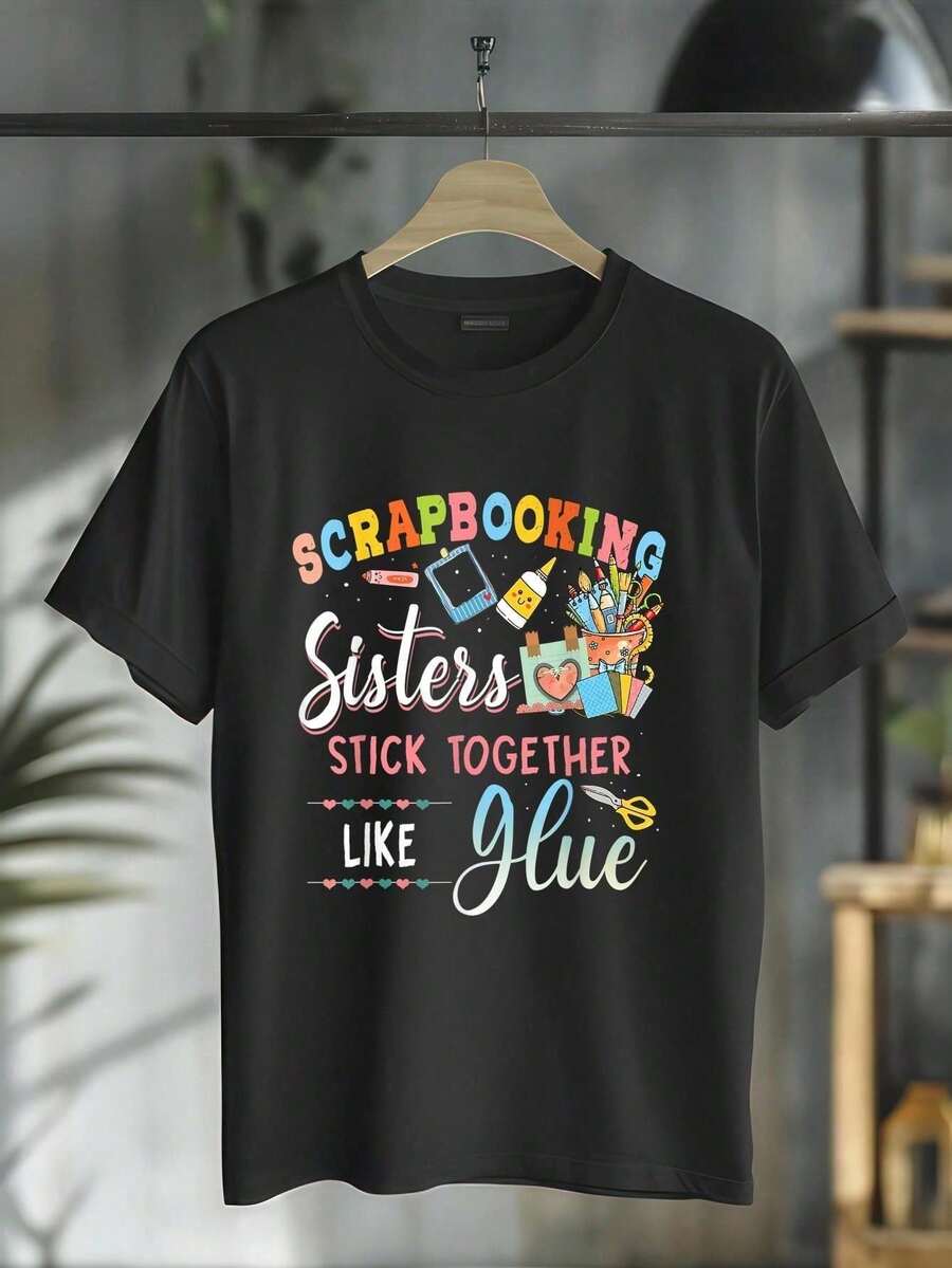 100% Cotton Scrapbooking Sisters Stick Together Like Hue T-Shirt Women's Vintage Relaxed Fit Tee Premium Soft Tops Printing Round Neck Fashion Shirts - 黑色 - 查看 1