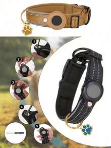 Valentine's Day AirTags Compatible Reflective Pet Collar - Nylon Padded Adjustable For Small/Medium/Large Dogs (M/L) Khaki/Black | Night Safety + Free Engravable Bone Love Tag - Multicolor - View 3