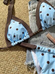 New Beaded Polka Dot Print Drawstring Halter Bikini Set, Women's Tankini Swimsuit For Beach, Pool Party, Holiday - Blue - View 6