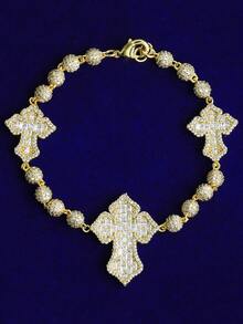 DUBSS 男士镶钻十字手链，5A级立方氧化锆镀层，嘻哈风格，单件装 - 金色 - 查看 11