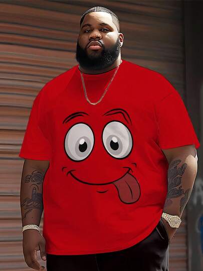 男士大码休闲圆领T恤，涤纶针织面料，舒适透气，时尚休闲卡通系列“可爱吐舌表情”印花，街头潮流新潮设计，新颖上衣