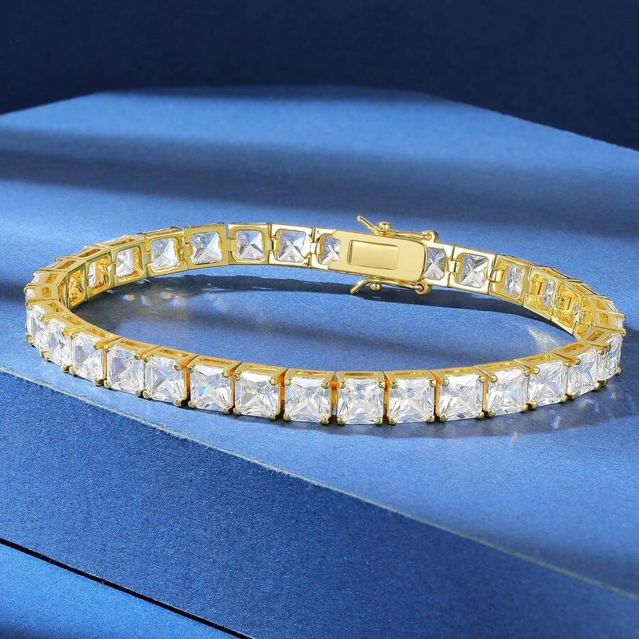 MDFUN 5mm Princess Cut 18K Gold Plated Cubic Zirconia Tennis Bracelet For Women, Elegant Zirconia Bracelet Length 6-8.5 Inches