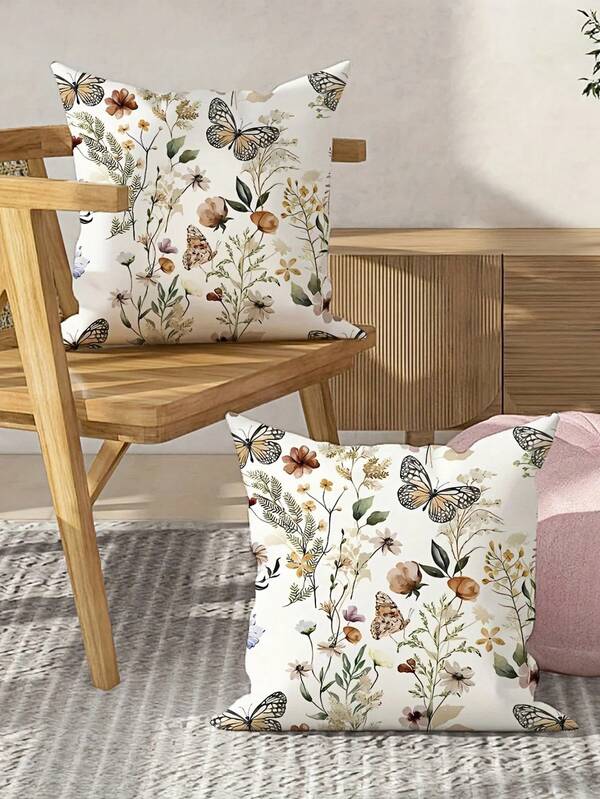 1/2/4pcs Green Floral & Butterfly Pattern Throw Pillow Covers, Suitable For Spring Party, Living Room, Bedroom, Sofa, Bed Decor, Gifts