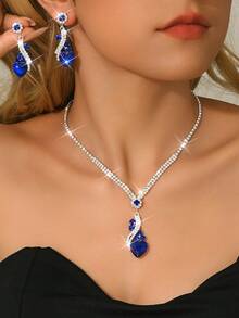 Luxury Sapphire Heart Crystal Necklace Earrings Bracelet Ring Set For Women Gala & Red Carpet Bold Accessories - Blue - View 7