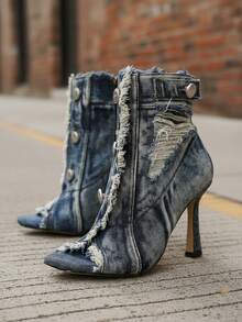 Women's Retro Ripped Raw Edge Stiletto Fish Mouth Ankle Boots, Button Design Square Toe 3.54 Inches Tie Dye Old Fashion High Heel Women's Sandals, Suitable For Spring And Autumn Seasons, Match With Various Clothing - 藍色 - 查看 6