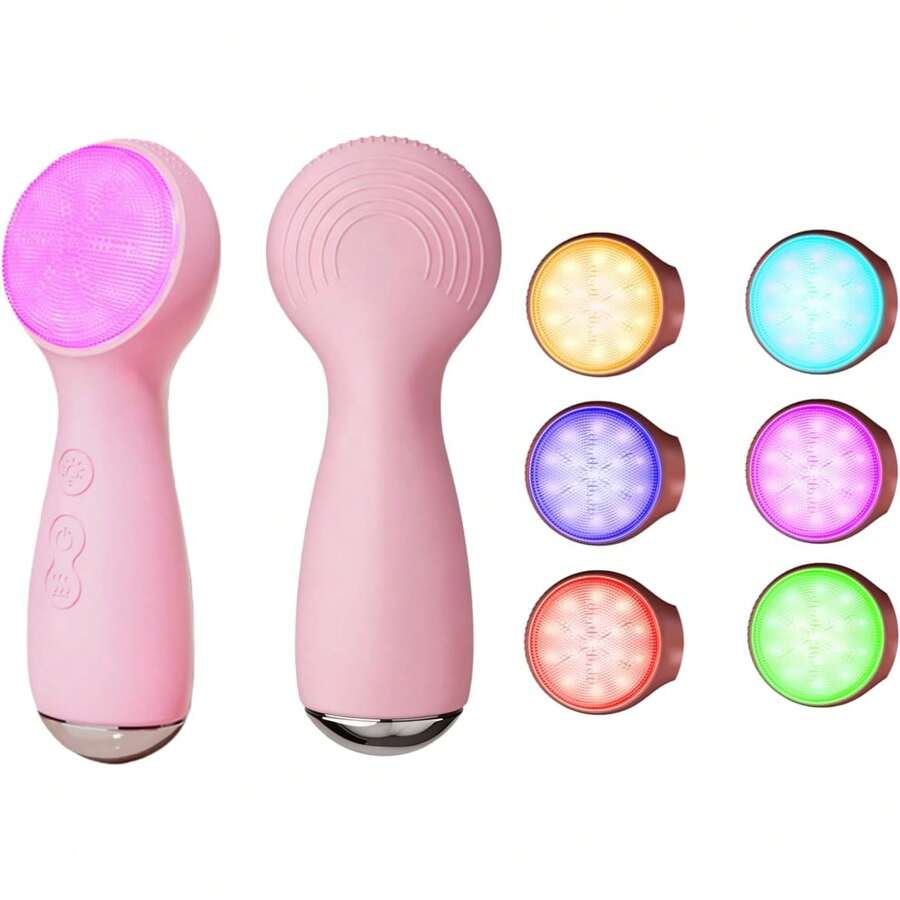 Colorful LED Silicone Face Wash Brush - Vibration Face Cleaner With Heat Sensation, 3 Modes & Ergonomic Handle, Waterproof Electric Face Brush For At-Home Spa & Travel Skincare (Pink) - Hồng - Xem 1