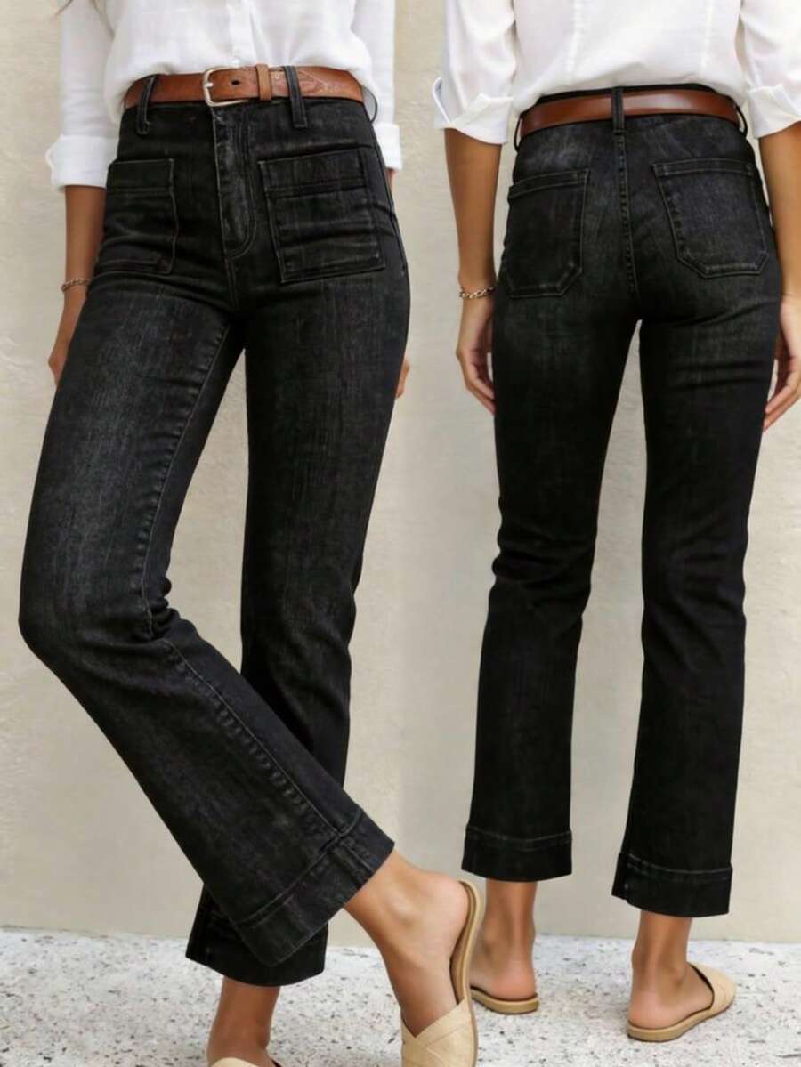 Women's Casual Washed Elastic Patch Pocket Cropped Straight Leg Jeans, Solid Color Stretchy Ankle Length Denim Pants, Women's Casual Streetwear For All-Season, Work & Daily Wear - 黑色 - 查看 1