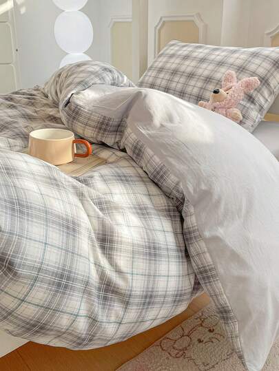 4pcs Grey Plaid (1pc Duvet Cover + 1pc Bed Sheet + 2pcs Pillowcases) Soft And Comfortable Bedding Set For Student Dormitory Bunk Beds, Skin-Friendly, Breathable, Durable, Fade-Resistant, Warm, Suitable For Bedroom, Guest Room, Dormitory, All Seasons