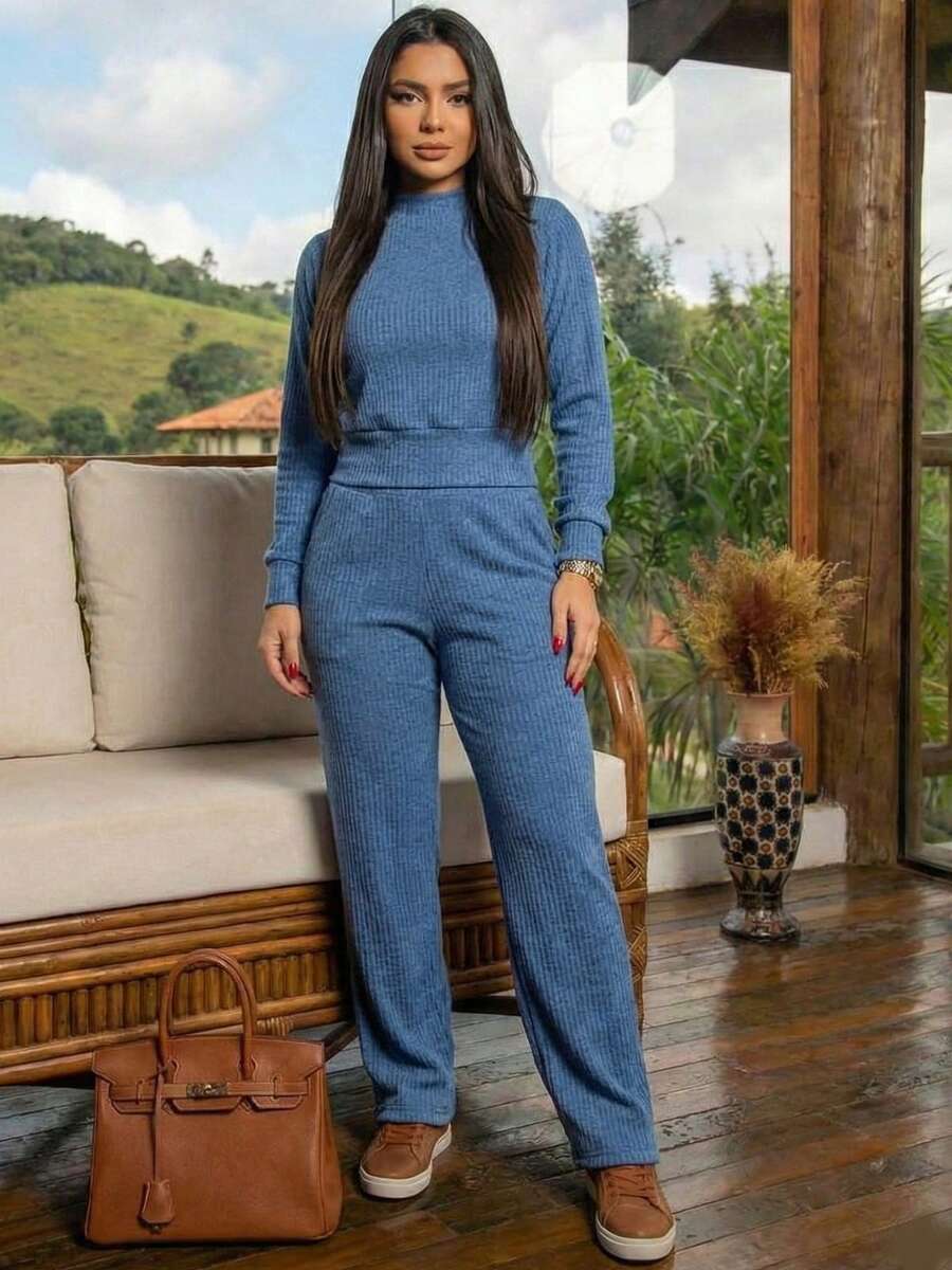 Women's Cold Weather Set: Long-Sleeved High-Neck Blouse And High-Waisted Knit Pants. Warm And Stylish Casual Plus Size. REF: Jennifer - 藍色 - 查看 1
