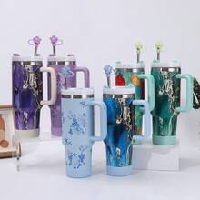 Stainless Steel 304 Floral  Bottle 1200ML 12h Hot And Cold Stainless Steel Straw Non-Slip Dustproof Protector Coffee Water Juice - 白色的 - 查看 4