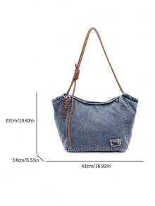 Fashionable Retro Popular Shoulder Bag, Simple Solid Color Large Capacity Casual Multifunctional Tote Bag, Niche Design Daily Generous Armpit Bag, Suitable For Shopping, Daily Outings, Gatherings, Commuting - Blue - View 5