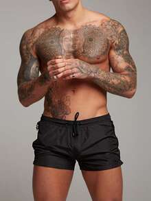 Summer Solid Color Drawstring Elastic Waist Black Short Inseam Quick Dry Men's Beach Shorts For World Cup Fans - 黑色 - 查看 2