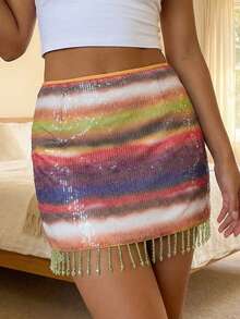 Women's Sequin Mini Skirts Fashion Low Waist Rainbow Color Tassel Hem Slim Fit Skirts Short Club Skirts - Nhiều màu - Xem 2