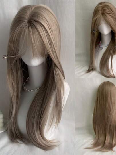 1pc 28-Inch Long Synthetic Heat-Resistant Straight Wig With Bangs, Brown Color, Made Of Fiber, Suitable For Daily Use, Natural And Realistic (Accessories Not Included)