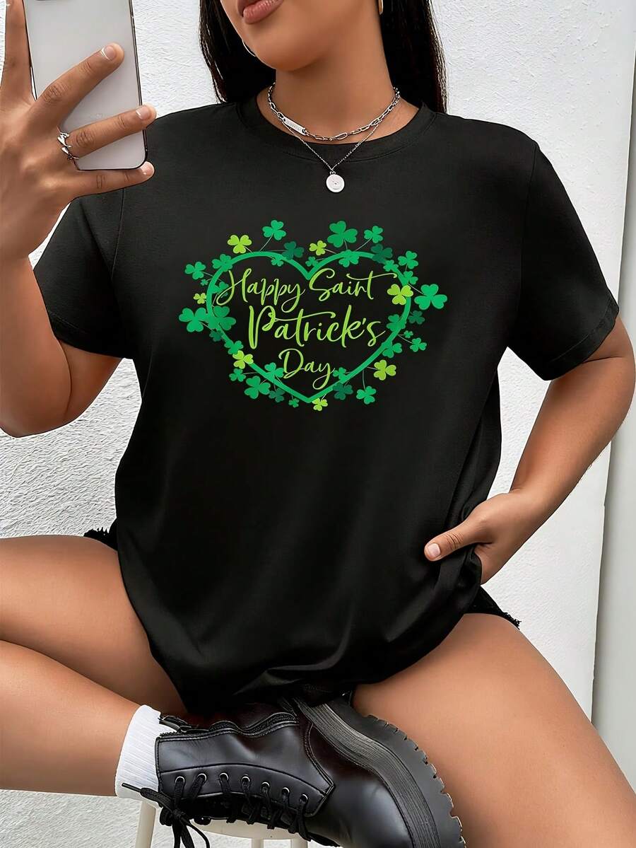 Happy St. Patricks Day Shamrock Irish Saint Patricks Day 1 Pcs Women's Plus Size T-Shirt Funny Oversized Graphic Short Sleeve Tee Novelty Shirt 100% Polyester Crew Neck Top Casual Clothing 220g - 黑色 - 查看 1