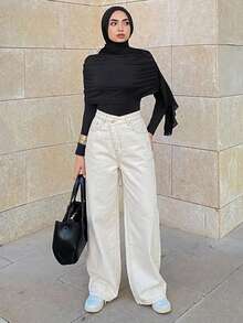 Livesso Women's Regular Waist Loose Straight Leg Jeans, Casual City Style With Waistband Design - Beige - View 5