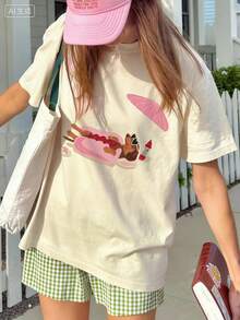 1件女童休闲腊肠犬印花圆领短袖T恤，夏季学生童装 - 杏色 - 查看 2