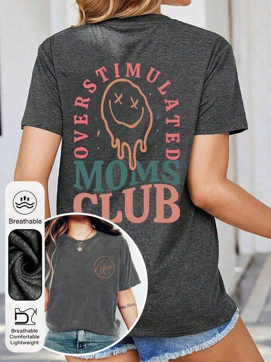 Valentine Outfits For WomenWomen's Summer Overstimulation Mom Club Graphic Print Round Neck Short Sleeve Simple Casual Everyday Black Plus Size-Shirt - 深灰色 - 查看 1