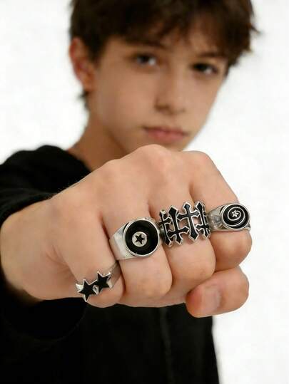 4pcs/Set Black Design Rings Set, Black & White Starry + Cross Pattern Rings, Adjustable Open Size Unique Accessories, Suitable For Teenagers And Daily Wear