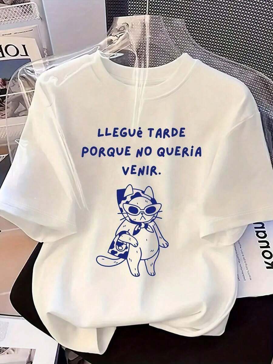 2026 Spring New Spanish Stylish Cat Pattern Casual Crew Neck Short Sleeve T-Shirt - trắng - Xem 1