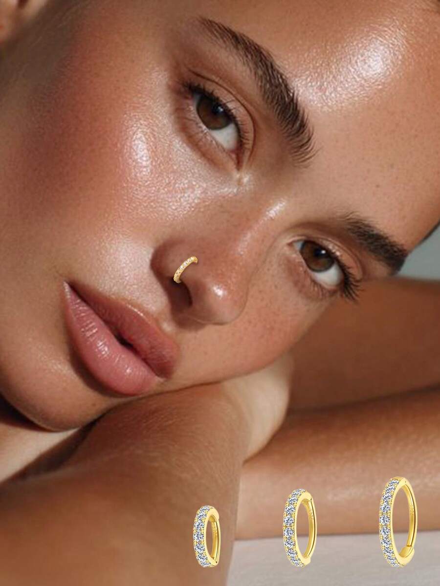 1pc S925 Sterling Silver Nose Ring/Belly Button Ring, Minimalist Classic Single Row Cubic Zirconia 6/8/10mm Cartilage Earring, Suitable For Women's Daily Wear, Parties, Banquets - Single - View 1