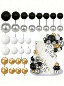 32pcs Colorful Ball Cake Toppers, Suitable For Decorating Birthday Party And Wedding Cupcakes And Cakes, Includes Pink, Yellow, Blue, Purple And Green Pearl-Like Spheres - Multicolor - View 6