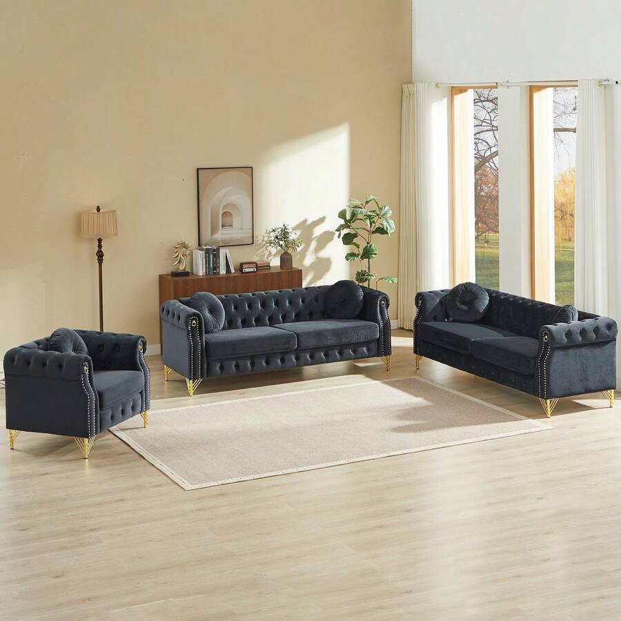 7 Seat Chesterfield Sofa With Two Pillows, Retro Style Upholstered 1+3+3 Seats Velvet Couch With Rolled Arm For Living Room Bedroom Office - Beige - View 1