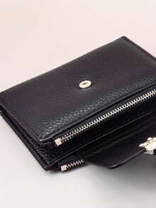 女士短款钱包，纯黑色，柔软精致的PU皮革手机钱包，时尚按扣双拉链大容量多功能钱包卡包，轻巧简约手拿包，适合作为节日礼物 - 黑色 - 查看 3