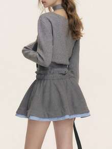 秋季不对称领长袖修身时尚短款上衣（不含围巾）休闲 - 灰色 - 查看 8