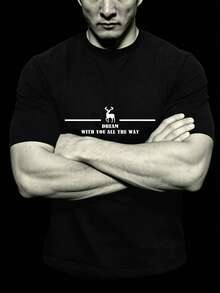 Men's New Casual Sports T-Shirt - Lightweight & Comfortable, "WITH YOU ALL THE WAY" Graphic Print, Suitable For Outings, Friends, Outdoor Travel, Sports Wear, Casual Daily Wear, Gym Outfit, T-Shirt For Men, Men's Sportswear, Lightweight Sports Tee, Comfortable Sports Hiking Fishing Versatile Short Sleeve T-Shirt Black - Black - View 1