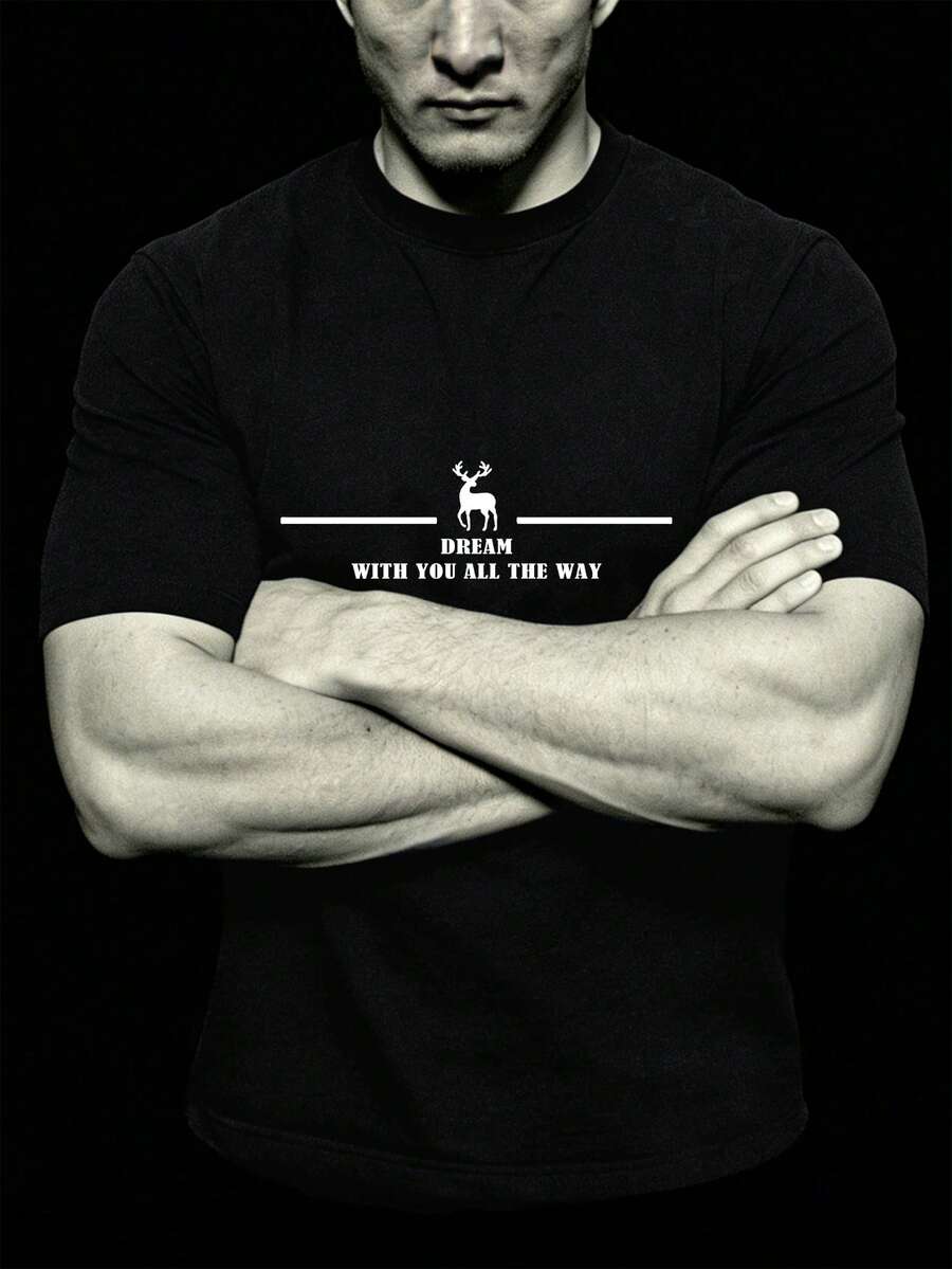Men's New Casual Sports T-Shirt - Lightweight & Comfortable, "WITH YOU ALL THE WAY" Graphic Print, Suitable For Outings, Friends, Outdoor Travel, Sports Wear, Casual Daily Wear, Gym Outfit, T-Shirt For Men, Men's Sportswear, Lightweight Sports Tee, Comfortable Sports Hiking Fishing Versatile Short Sleeve T-Shirt Black - Black - View 1