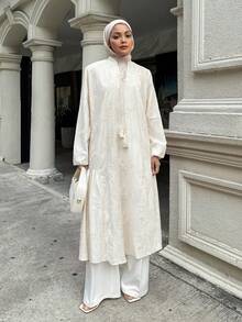 Livesso 女士刺绣100%纯棉流苏长连衣裙，带褶裥长裙 - 米色 - 查看 4