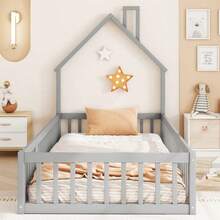 House Bed, 90 X 200 Cm, Children's Bed With Chimney Shape, Bed With Slatted Base (Without Mattress), Pine Wood, Minimalist Style - Grey - View 6