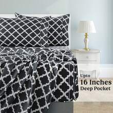 Lux Decor 4 Pieces Quatrefoil Bed Sheets - Stylish Comfy Bedding Set - Hotel Luxury Skin Friendly Cooling Sheets & Pillowcases Without Filler - Classic Collection With 16 Inches Deep Pocket - Shrinkage & Fade Resistant, Valentine's Day Bedroom, Spring Bedding Refresh, Guest Room Essentials, Dorm Room Bedding, Premium Bed Linens, Easy Care Sheets, Hypoallergenic Fabric, Year-Round Comfort, Master Bedroom Update, Matching Bedding Set, Hotel Quality Linens - 黑色 - 查看 4