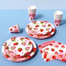 Strawberry Print Disposable Plate, Napkin, Cup Set, Plates, Napkins And Cups Party Supplies, Serves 8 Guests, Disposable Paper Plates Party Tableware Suitable For Birthday, Wedding, Theme Party, Family Picnic - Multicolor - View 5