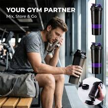 三层摇摇杯蛋白粉搅拌杯大容量水瓶搅拌杯水杯玫瑰金字母印花便携式摇摇杯健身运动搅拌杯 - 紫色 - 查看 7