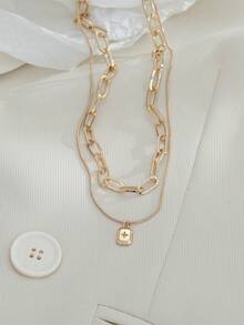 2pcs Versatile Layered Rectangular Copper Micro-Inlaid Sparkling Zirconia Necklace For Women - Yellow Gold - View 6