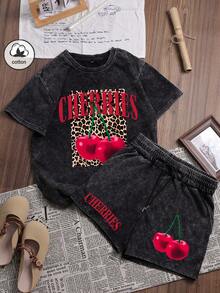 Es Trus Cotton Summer Women's Funny Graphic Hiphop "Leopard Cherry Letter" Personalized Print Streetwear, Korean Vintage Chic Commuter Versatile Y2K Style, Suitable For Outdoor Leisure, Regular Niche Punk Black Slim Fit Crew Neck Short Sleeve T-Shirt And Shorts 2-Piece Set - Black - View 1