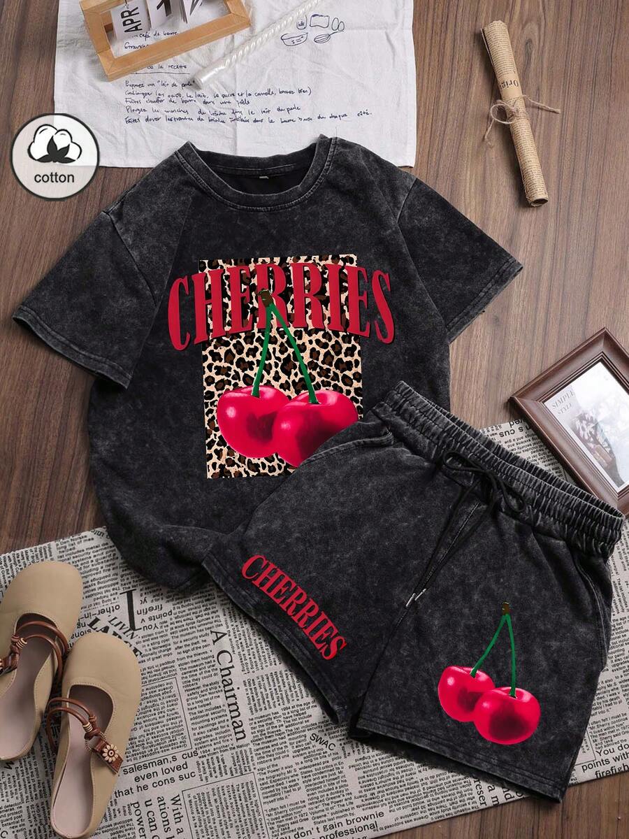 Es Trus Cotton Summer Women's Funny Graphic Hiphop "Leopard Cherry Letter" Personalized Print Streetwear, Korean Vintage Chic Commuter Versatile Y2K Style, Suitable For Outdoor Leisure, Regular Niche Punk Black Slim Fit Crew Neck Short Sleeve T-Shirt And Shorts 2-Piece Set - Black - View 1